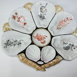 Antique French Porcelain Oyster Plate Floral Wells Shell Handles 10" x 9" A735